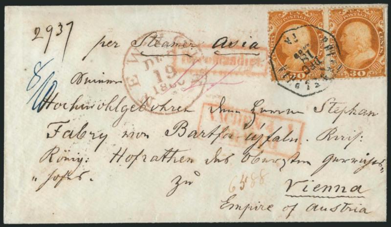 30c Orange (38).> Horizontal pair, s.e. at right, tied by Philadelphia Pa. Dec. 18, 1860 octagonal datestamp on <registered cover to Vienna, Austria,> red New-York Dec. 19, 1860 circular datestamp (used on
registered mail to foreign countries), r