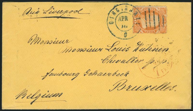 30c Orange (38).> Vivid color nicely contrasted and tied by blue Cincinnati O. Apr. 16 double-circle datestamp with grid on light yellow 1861 cover <to Brussels, Belgium,> red N. York Am. Pkt. 7 Paid credit
datestamp, neat Am. Packet straightli