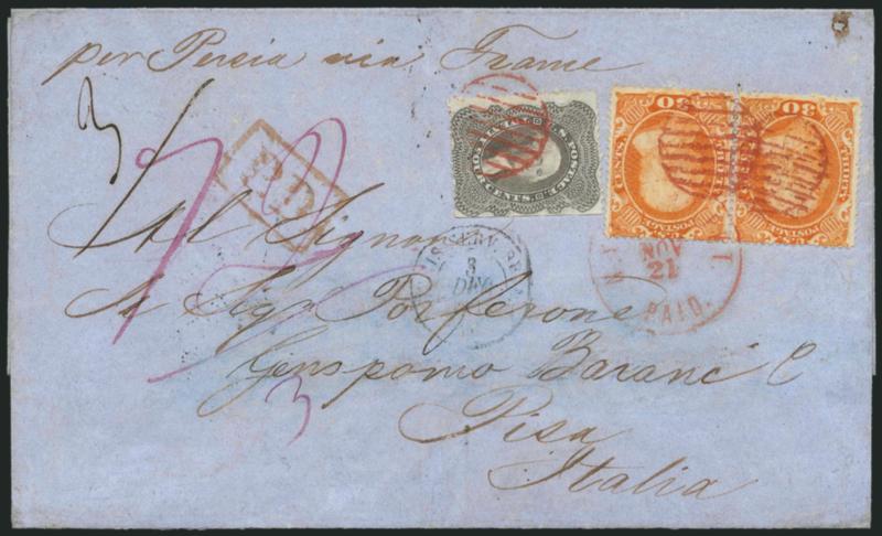 30c Orange (38).> Horizontal pair, vibrant color, used with <24c Gray Lilac (37),> tied by red grids and matching N. York Br. Pkt. Paid Nov. 21 circular datestamp on 1860 blue folded letter <to Pisa, Italy,>
magenta 72 manuscript credit, French t