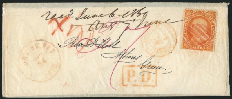 30c Orange (38).> Rich color, cancelled by red grid, matching N. York Br. Pkt. Paid May 14 (1861) circular datestamp on tissue-paper cover <to Athens, Greece,> French transits incl. red boxed P.D. handstamp,
magenta 27 credit, receipt docketing