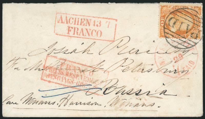30c Orange (38).> Rich color, tied by large Boston Paid grid, red N. York Br. Pkt. 7 Paid ? 29 circular datestamp on cover <to St. Petersburg, Russia,> red boxed Aachen Franco handstamp, also with red boxed
<paid to the border> translated han