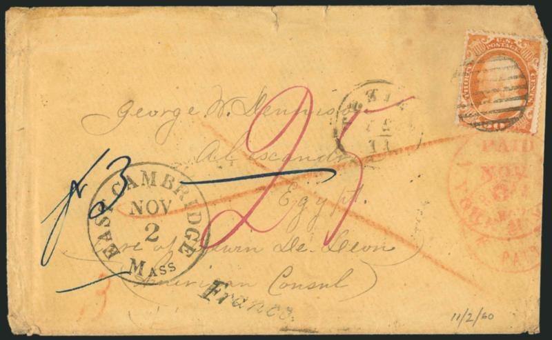 30c Orange (38).> Bright color, tied by grid, matching East Cambridge Mass. Nov. 2 circular datestamp on 1860 cover <to Alexandria, Egypt,> magenta 25 credit, two different red New York transit datestamps,
Hamburg and Trieste transits, Franco h
