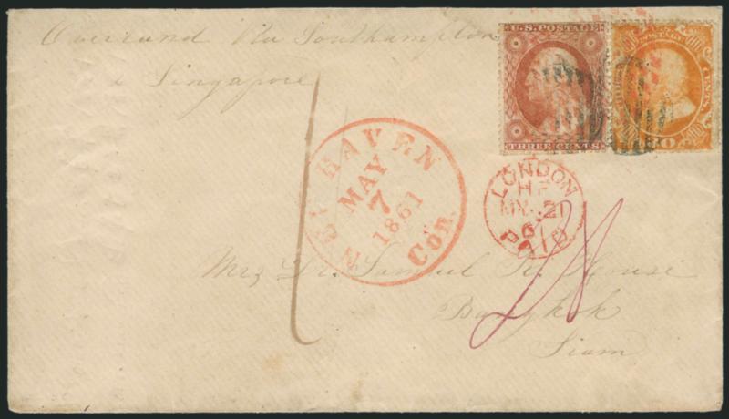 30c Orange (38).> Used with <3c Dull Red, Ty. II (26),> tied by red and black grids, red New Haven Con. May 7, 1861 circular datestamp on cover <to Bangkok, Siam,> endorsed <<Overland via Southampton and
Singapore>>, magenta manuscript 28 credi