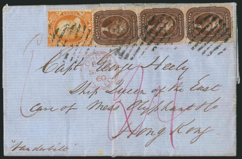 30c Orange (38).> Vibrant color, used with <vertical strip of three of 5c Brown, Ty. II (30A),> tied by large grid cancels, red New York Am. Pkt. Sep. 8 backstamp on 1860 folded letter <to Hong Kong, China,>
endorsed <<Vanderbilt>> at lower left