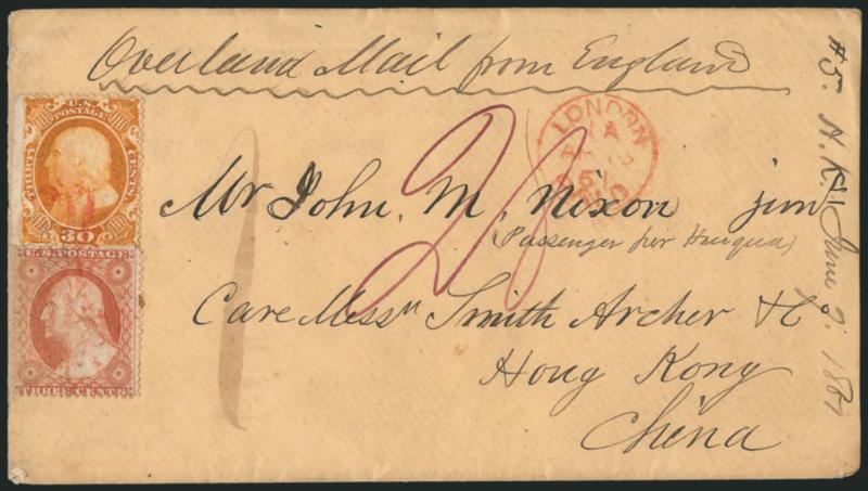 30c Orange (38).> Bright color, used with <3c Dull Red, Ty. III (26),> cancelled by red grids, matching New-York Br. Pkt. Apr. 2 backstamp on 1861 cover <to Hong Kong, China,> endorsed <<Overland Mail from
England>>, manuscript 28 credit, red Lo