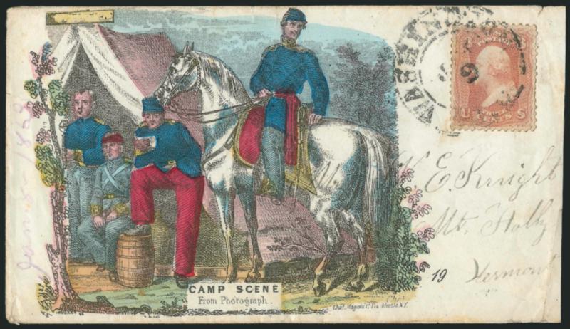 3c Rose (65).> Bright color, tied by Washington D.C. Jan. 9 double-circle datestamp on hand-colored <Camp Scene Magnus Patriotic> cover to Mt. Holly Vt., purple 1863 docketing at left, slightly reduced at
right and few small mended edge flaws<><