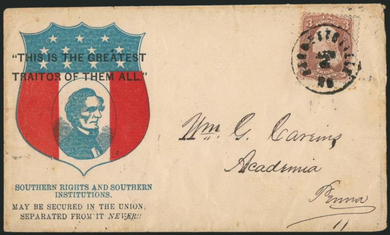 3c Rose (65).> Rich color, tied by bold strike of indistinct circular datestamp on red and blue <Jefferson Davis and Confederate Shield Patriotic with Anti-Confederate Overprint This is the Greatest Traitor of
Them All,> pro-secession caption Sout
