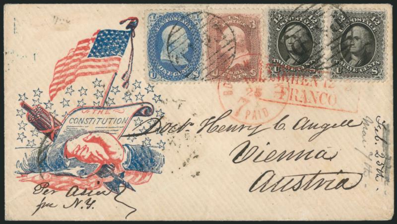12c Black (69).> Two, used with <1c Blue (63) and 3c Rose (65),> tied by large Paid grids and red Boston Br. Pkt. 7 Paid Feb. 25 credit datestamp on red and blue <The Constitution Handshake Patriotic cover to
Dr. Henry C. Angell in Vienna, Aust