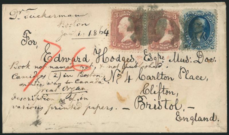 90c Blue (72).> Used with two <3c Rose (65),> tied by large circle of Vs cork cancel on 1863 cover <to Clifton, Bristol, England,> red Boston Br. Pkt. Paid Dec. 29 circular datestamp, red crayon 76 credit,
Bristol and Clifton backstamps, dockete