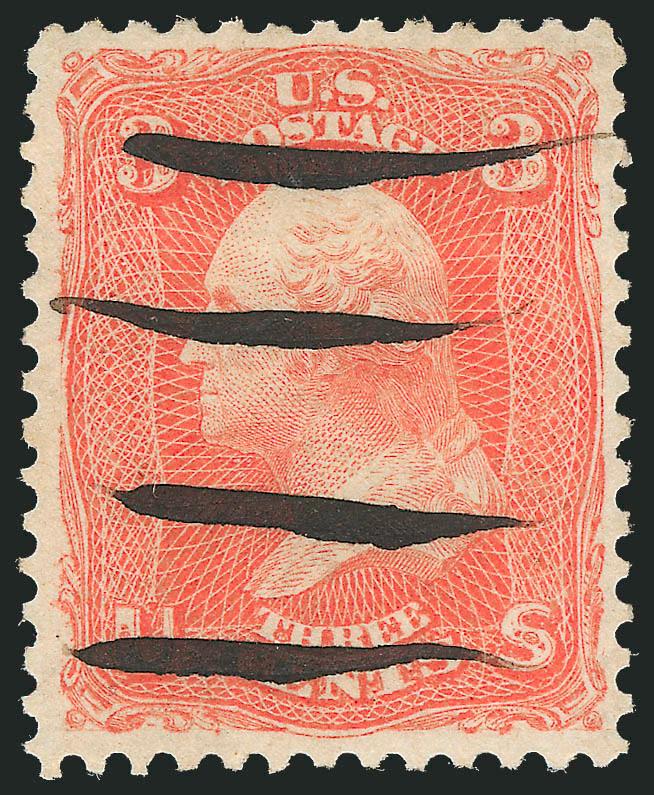 3c Scarlet (74).> Four neat pen strokes, strong vibrant color, far superior centering than normally seen on this issue<><>^EXTREMELY FINE. A SUPERB EXAMPLE OF THE VERY SCARCE 3-CENT SCARLET TRIAL
PRINTING.^<><>As has been documented by Jerome S.
