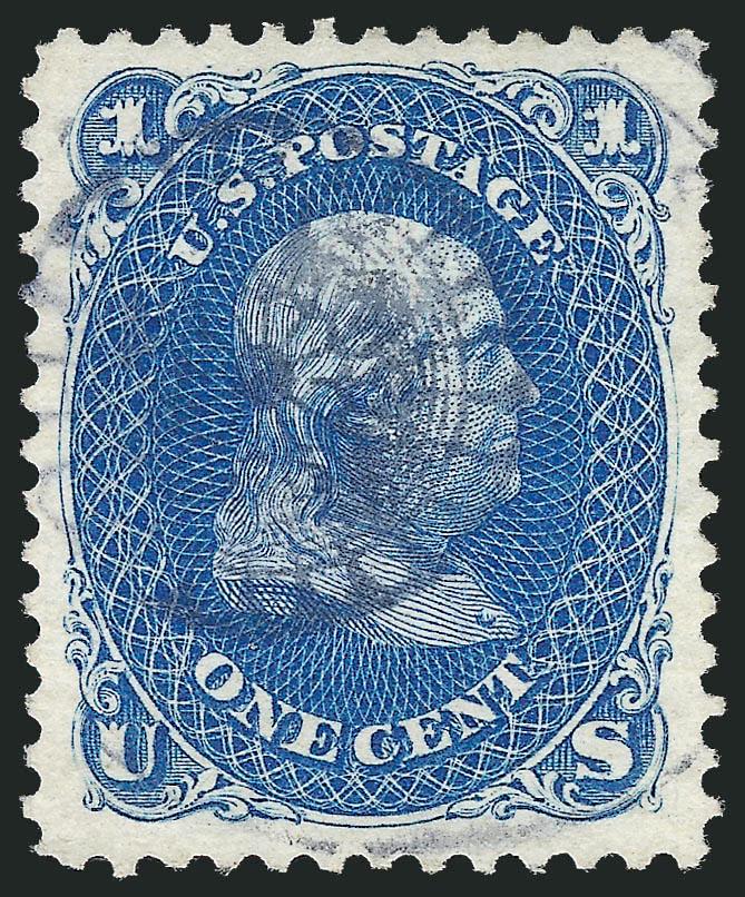 1c Blue, Re-Issue (102).> Choice wide margins and exceptionally well-centered, magnificent color and impression, cancelled by <Nautilus Shell> fancy cancel which was sold as a stock device in the early 1880s
and is most often seen on 2c Red Brown