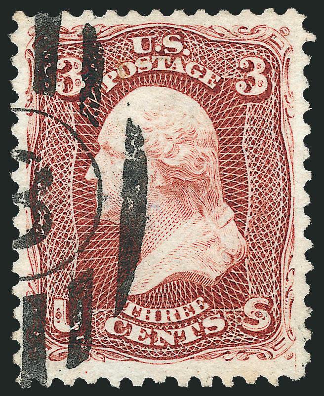 3c Brown Red, Re-Issue (104).> Deep rich color and detailed impression on bright paper, neat strike of duplex cancel, small thin spot at top, tiny corner perf crease at bottom left<><>^EXTREMELY FINE
APPEARANCE. THIS IS EASILY ONE OF THE FINEST OF