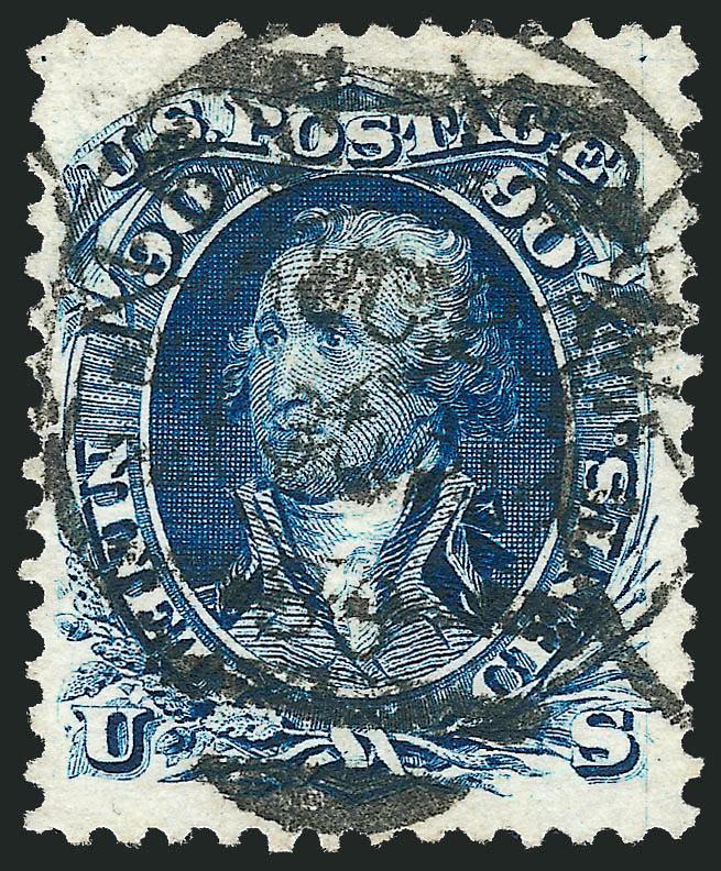 90c Blue, Re-Issue (111).> Perfect centering with wide even margins, deep rich color and intense impression on crisp white paper, neatly cancelled by New York City circular datestamp and oval
grid<><>^EXTREMELY FINE GEM. ONE OF THE TWO FINEST USED