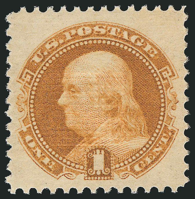 1c Buff (112). Mint N.H.,> radiant color on crisp paper, clearly-defined grill, gorgeous centering with wide margins<><>^EXTREMELY FINE GEM. A STUNNING MINT NEVER-HINGED EXAMPLE OF THE ONE-CENT 1869 PICTORIAL
ISSUE, WHICH HAS BEEN GRADED XF-SUPERB