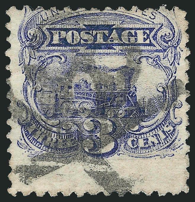 3c Ultramarine (114).> Cancelled by bold strike of <Waterbury Skull & Crossbones> fancy cancel (Rohloff Type R-3), centered to top, some slight corner creasing, Very Fine strike of this scarce fancy cancel,
with 1982 and 1991 P.F. certificates
