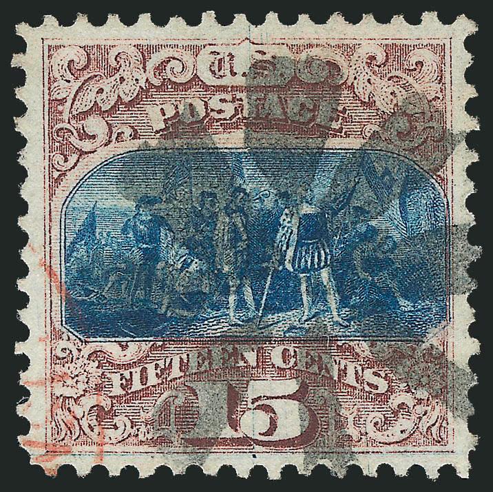 15c Brown & Blue, Ty. I (118).> Choice balanced margins, attractive colors and impression, bold circle of wedges cancel and bit of red transit at bottom left<><>^EXTREMELY FINE GEM. A BEAUTIFUL USED EXAMPLE OF
THE 15-CENT TYPE I 1869 PICTORIAL ISSU