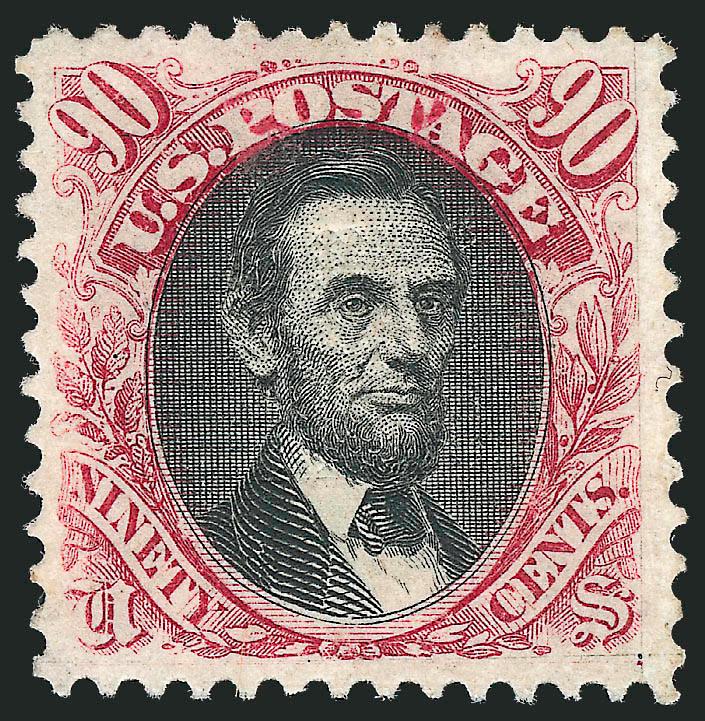 90c Carmine & Black (122).> Original gum, deep rich colors and proof-like impressions, unusually choice centering with wide and balanced margins, clearly-defined grill<><>^EXTREMELY FINE. A SUPERB ORIGINAL-GUM
EXAMPLE OF THE 90-CENT 1869 PICTORIAL