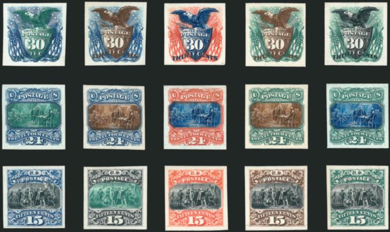 1c-90c 1869 Pictorial Issue, Atlanta Trial Color Plate Proofs on Card (123TC1-132TC1).> Complete set (less the one newly-listed unique 90c color combination), most have full to large margins (a few close but
clear), bright colors<><>^VERY FINE. A R