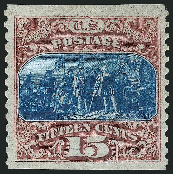 15c Brown & Blue, Re-Issue, Imperforate Horizontally (129a).> Original gum, deep rich colors and proof-like impressions, wide nicely proportioned margins<><>^EXTREMELY FINE. AN INCREDIBLY FRESH ORIGINAL-GUM
EXAMPLE OF THE RARE 15-CENT 1869 PICTORIA