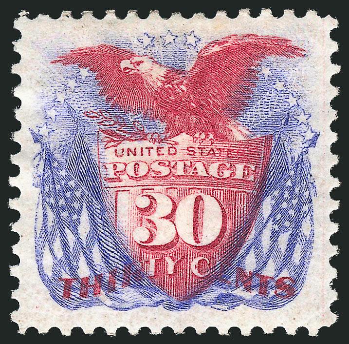 30c Blue & Carmine, Re-Issue (131).> Original gum, h.r., brilliant colors and proof-like impressions, unusually choice centering with wide margins<><>^EXTREMELY FINE ORIGINAL-GUM EXAMPLE OF THE 30-CENT 1869
PICTORIAL RE-ISSUE.^<><>Scarce with suc