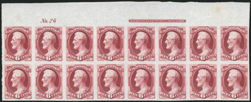 6c Carmine, Plate Proof on India (148P3).> Top imprint and plate no. 26 block of sixteen, radiant color, small toned spot in sheet margin at upper right (easily trimmed), Very Fine, Scott Retail as plate block
of twelve and block of four
