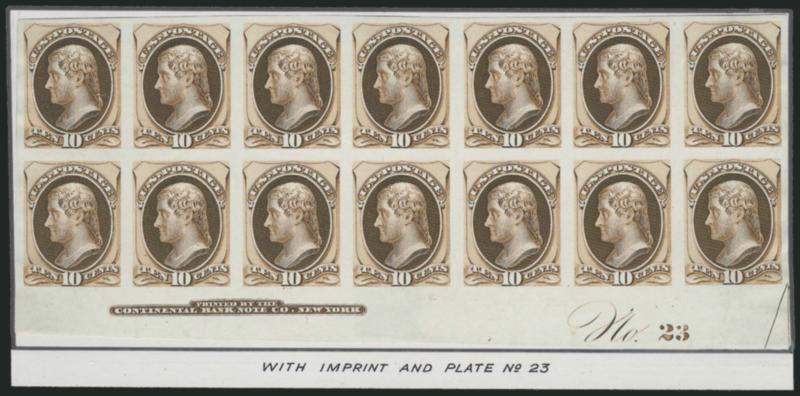 10c Brown, Plate Proof on India (161P3).> Bottom imprint and plate no. 23 block of fourteen, bright color, large margins, Very Fine, ex Brazer and hinged on his card