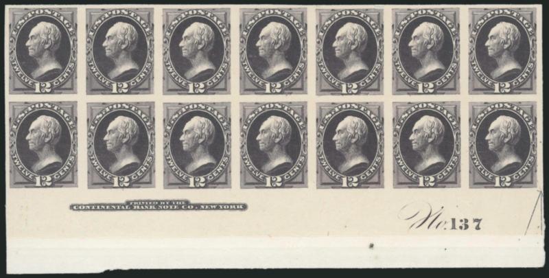 12c Blackish Violet, Plate Proof on India (162P3).> Bottom imprint and plate no. 137 block of fourteen, large margins, mounted on card, intense color, Very Fine and choice, scarce plate block