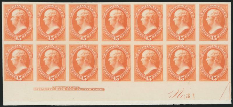 15c Yellow Orange, Plate Proof on India (163P3).> Bottom imprint and plate no. 31 block of fourteen, large margins, mounted on card and so free of the usual small paper flaws that are usually seen on this
fragile paper, one with natural wood fiber in