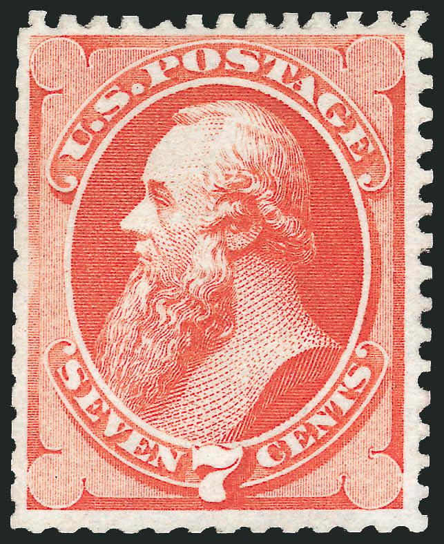 7c Reddish Vermilion, Special Printing (171).> Without gum as issued, scissors-separated but with <nearly intact perfs on all four sides,> radiant color<><>^VERY FINE AND CHOICE. A HANDSOME EXAMPLE OF THE
7-CENT 1875 CONTINENTAL BANK NOTE COMPANY S