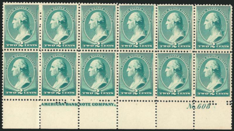 2c Green (213).> Mint N.H. bottom imprint and plate no. 608 block of twelve, deep rich color, Very Fine and choice, a scarce Mint N.H. plate block, with 1989 P.F. certificate, Scott Catalogue does not price
the plate block of twelve in Mint N.H. cond