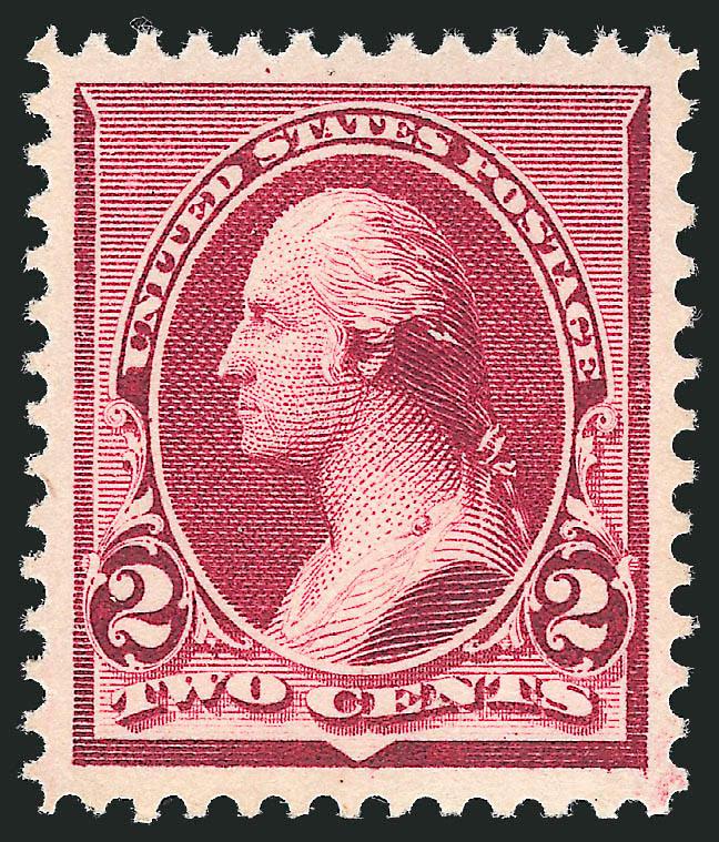 2c Lake (219D).> Mint N.H., vibrant color on bright paper, sharp proof-like impression, choice centering with wide and balanced margins<><>^EXTREMELY FINE GEM. A GORGEOUS MINT NEVER-HINGED EXAMPLE OF THE 1890
2-CENT SMALL BANK NOTE ISSUE IN THE LAK