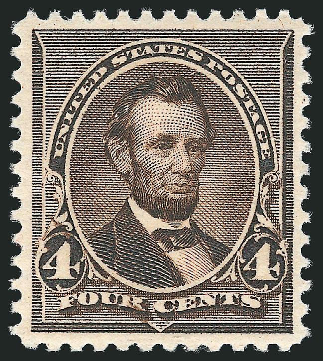 4c Dark Brown (222).> Mint N.H., deep shade and crisp impression, almost perfect centering with wide margins<><>^EXTREMELY FINE GEM. A GORGEOUS MINT NEVER-HINGED EXAMPLE OF THE 4-CENT 1890 ISSUE GRADED
XF-SUPERB 95 BY P.S.E. THIS IS THE HIGHEST GRA