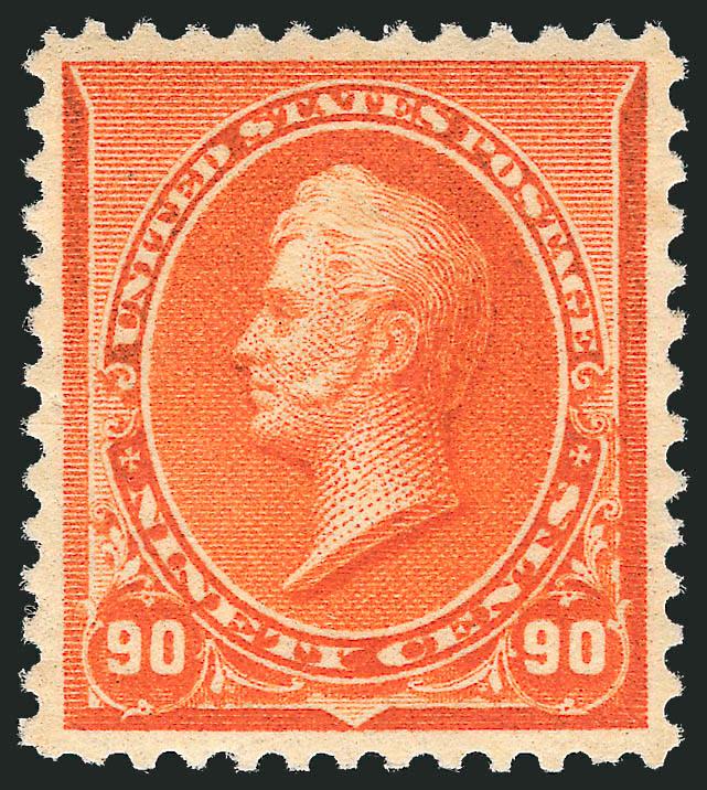 90c Orange (229).> Mint N.H., vibrant color on post office fresh paper, mathematically precise centering with margins that perfectly frame the stamp<><>^EXTREMELY FINE GEM. A SPECTACULAR EXAMPLE OF THE 90-CENT
1890 ISSUE IN THE FINEST ATTAINABLE QU