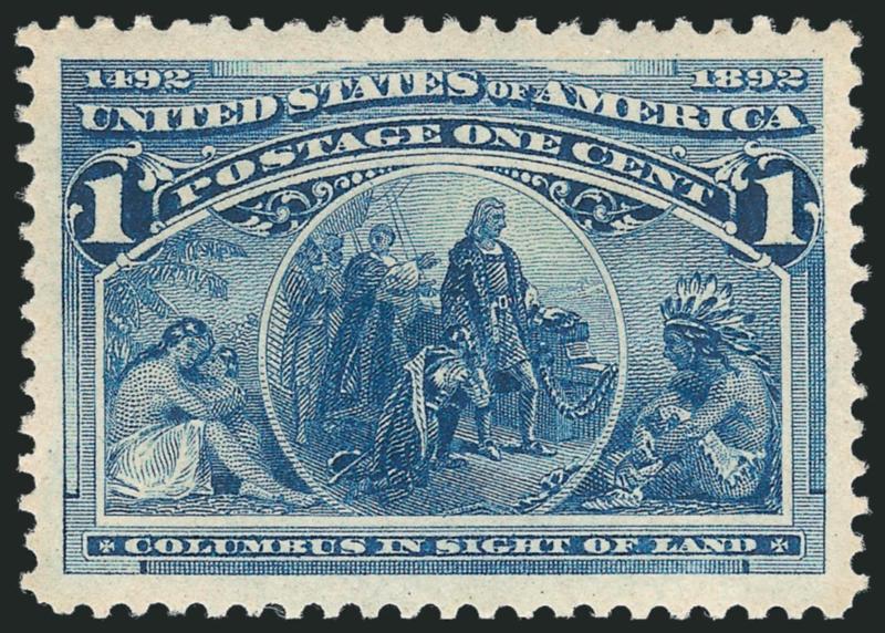 1c Columbian (230).> Mint N.H., Jumbo margins with beautifully precise centering, rich color and proof-like impression which clearly conveys the engravers art<><>^EXTREMELY FINE GEM.  A SPECTACULAR MINT
NEVER-HINGED EXAMPLE OF THE ONE-CENT COLUMBI