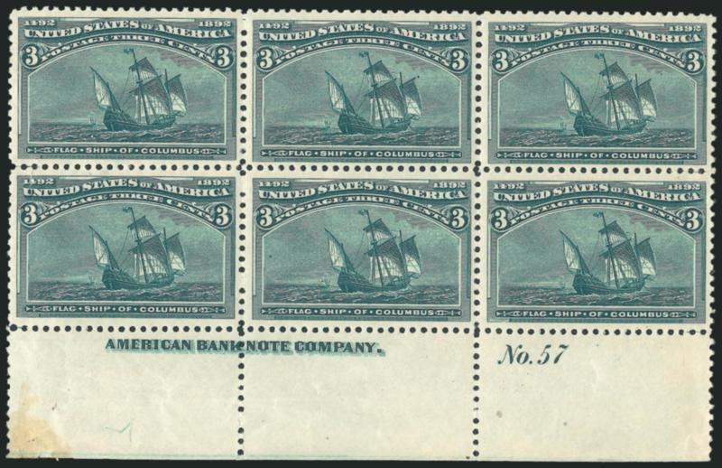3c Columbian (232).> Mint N.H. bottom imprint and plate no. 57 block of six, deep rich color and proof-like impression, light natural gum bends, minor wrinkling in bottom left selvage, couple trivial perf
separations, still Very Fine and attractive p