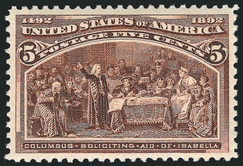 5c Columbian (234).> Mint N.H., deep rich color and clear impression, perfect centering with wide margins<><>^EXTREMELY FINE GEM. A SUPERB MINT NEVER-HINGED EXAMPLE OF THE 5-CENT COLUMBIAN, WHICH HAS BEEN
GRADED SUPERB 98 BY P.S.E.^<><>Ex Beverl