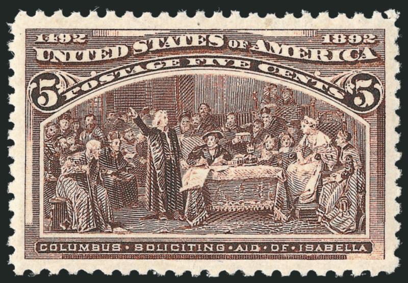 5c Columbian (234).> Mint N.H., phenomenal centering with wide and balanced margins, rich color and detailed impression on crisp paper<><>^EXTREMELY FINE GEM. A STUNNING MINT NEVER-HINGED EXAMPLE OF THE 5-CENT
COLUMBIAN ISSUE, WHICH HAS BEEN GRADED