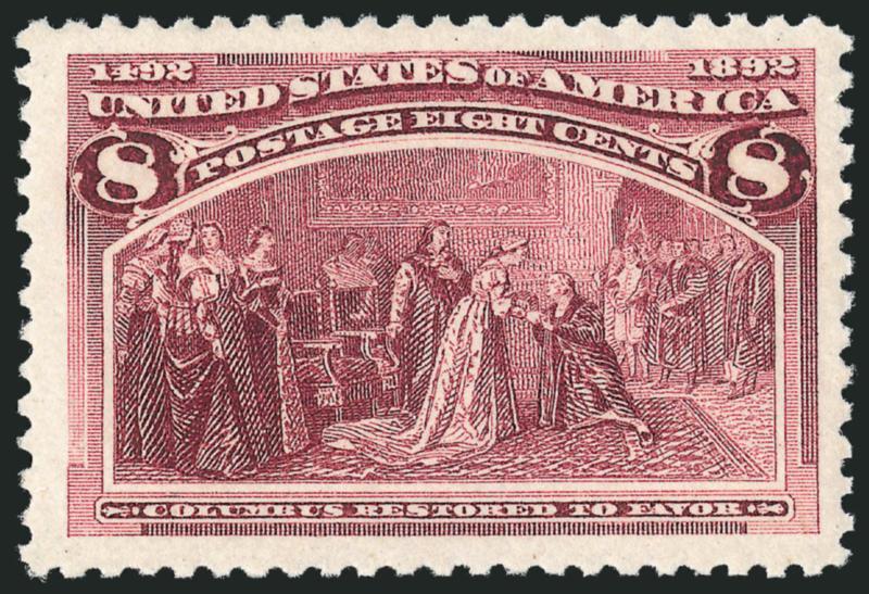 8c Columbian (236).> Mint N.H., rich color on remarkably radiant paper, choice centering with Jumbo margins all around, pristine gum<><>^EXTREMELY FINE GEM. A MINT NEVER-HINGED 8-CENT COLUMBIAN OF GARGANTUAN
PROPORTIONS.^<><>Ex Scarsdale. With 20