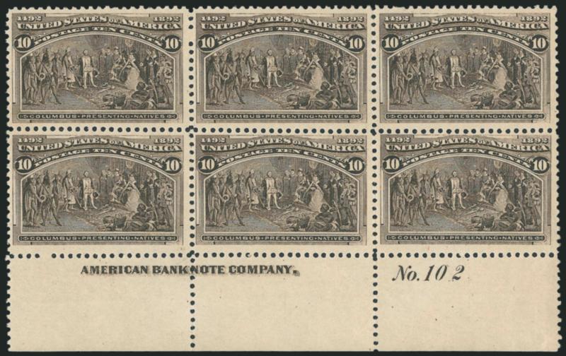 10c Columbian (237).> Bottom imprint and plate no. 102 block of six, original gum, top stamps light glazed spots, bottom stamps Mint N.H., deep rich color and proof-like impression, few minor perf separations
at top<><>^VERY FINE APPEARANCE. A BEAU