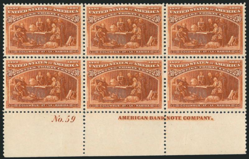 30c Columbian (239).> Mint N.H. bottom imprint and plate no. 59 block of six, fantastic color on post-office fresh paper, superior centering throughout<><>^EXTREMELY FINE GEM. A STUNNING MINT NEVER-HINGED
PLATE BLOCK OF THE 30-CENT COLUMBIAN ISSUE