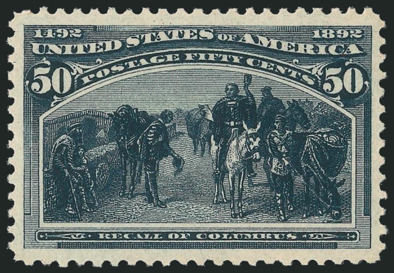 50c Columbian (240).> Mint N.H., magnificent centering, wide margins and intense shade<><>^EXTREMELY FINE GEM. A MARVELOUS MINT NEVER-HINGED EXAMPLE OF THE 50-CENT COLUMBIAN ISSUE WHICH HAS BEEN GRADED
XF-SUPERB 95 BY P.S.E.^<><>With 2010 P.S.E.