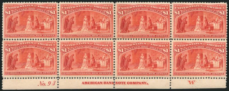 $1.00 Columbian (241).> Bottom imprint, plate no. 93 and letter W at right block of eight, original gum, barely hinged, brilliant color, few reinforced perf separations between horizontal row and along one
vertical row<><>^FINE-VERY FINE. A RARE