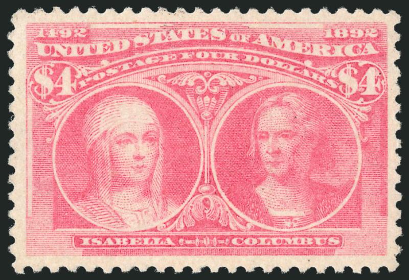 $4.00 Rose Carmine, Columbian (244a).> Mint N.H., absolutely gorgeous color which is unmistakably in the aniline-ink Rose Carmine shade, magnificent centering with wide and balanced margins, long and full
perforations all around<><>^EXTREMELY FINE
