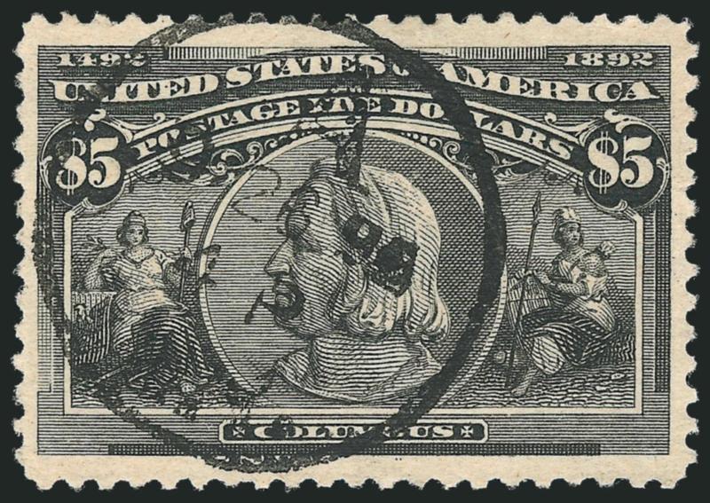 $5.00 Columbian (245).> Intense shade and impression, unusually wide margins all around, neat strike of circular datestamp<><>^EXTREMELY FINE. A SUPERB USED EXAMPLE OF THE $5.00 COLUMBIAN ISSUE AND VERY SCARCE
WITH THIS DATESTAMP CANCEL.^<><>Smal