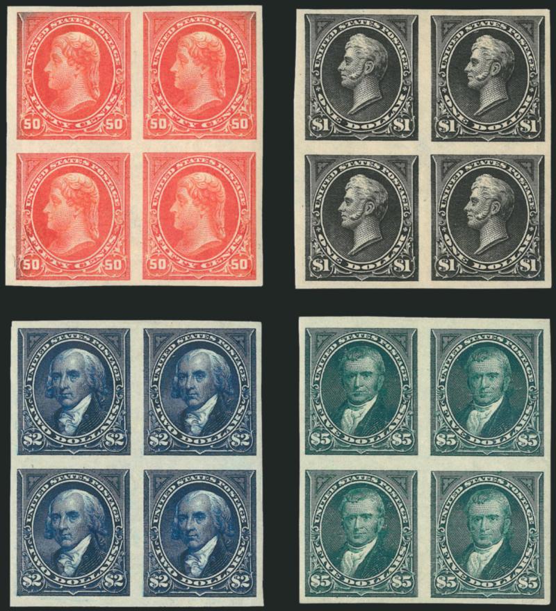 1c-$5.00 1895 Issue, Imperforate (264a-278a).> Complete set of 1895 Imperforates in blocks of four ($1.00 Type I only, as it exists), original gum, h.r., large margins all around, bright colors, a few tiny and
trivial thin specks or small creases aff