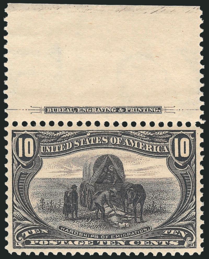 10c Trans-Mississippi (290).> Mint N.H. with wide top imprint selvage, wide and balanced margins, gorgeous color and impression<><>^EXTREMELY FINE GEM. A STUNNING MINT NEVER-HINGED EXAMPLE OF THE 10-CENT
TRANS-MISSISSIPPI ISSUE.^<><>With 2007 P.S