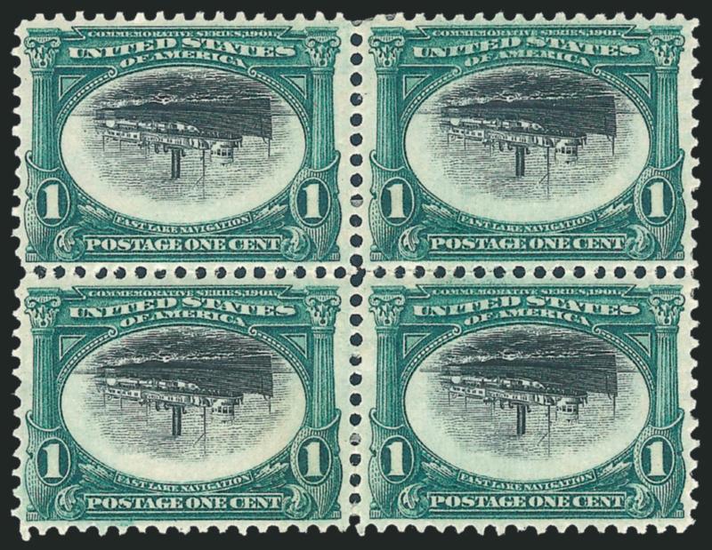 1c Pan-American, Center Inverted (294a).> Block of four, slightly disturbed original gum, deep rich colors and proof-like impressions, all four stamps have extraordinarily choice centering, small thin spot in
bottom right stamp<><>^EXTREMELY FINE.