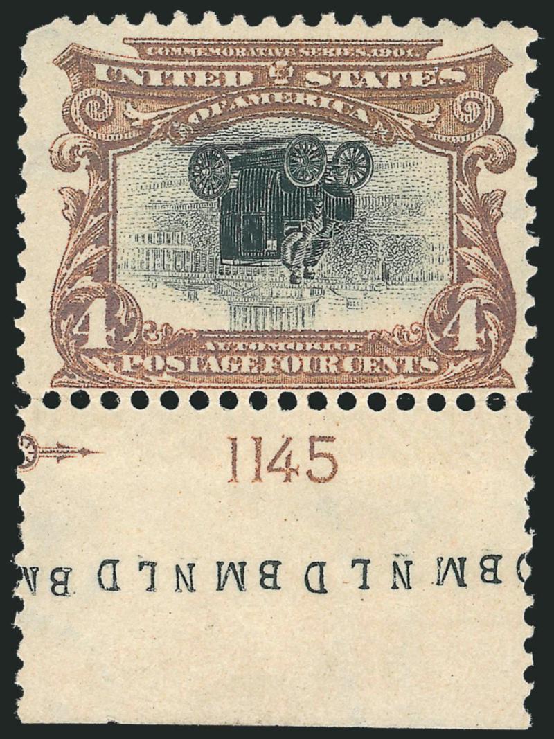4c Pan-American, Center Inverted (296a).> With bottom sheet selvage showing <brown frame plate no. 1145 and black vignette plate letters,> unusually fresh original gum for this issue, which is normally found
with disturbed original gum, crisp paper,