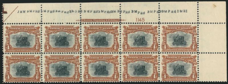 4c Pan-American (296).> Mint N.H. top right corner imprint, plate no. 1145 and plate letters block of ten, bright colors, detailed impressions, Very Fine and choice, an attractive multiple, Scott Retail as
plate block of six and Mint N.H. singles
