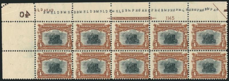 4c Pan-American (296).> Top left corner imprint and plate no. 1145 block of ten, 4c denomination and plate letters in brown and black, the plate no. block of six Mint N.H., two others lightly hinged, naturally
short gum at upper left, light crease